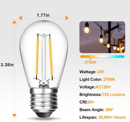 Miniatura 2 de BRIMAX Paquete de 6 bombillas LED de 2 W, equivalentes a 15 W-20 W, bombillas de repuesto pequeñas S14 de bajo vatio para cadena de luces al aire