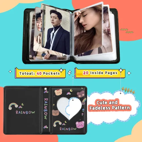 Miniatura 2 de Kpop - Portatarjetas para tarjetas fotográficas de 3 pulgadas, color negro, mini álbum con bonito colgante, 40 bolsillos, 20 páginas