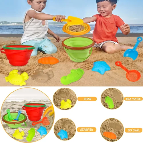 Miniatura 4 de Juego de juguetes de arena de playa para niños, cubo de playa plegable de silicona plegable para viajes, juguetes de playa para verano al aire