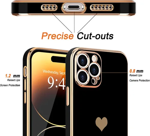Miniatura 3 de Teageo Funda para iPhone 14 Pro para mujeres y niñas, lindo corazón de amor, chapado de lujo, cubierta trasera suave, protección completa de la Negro