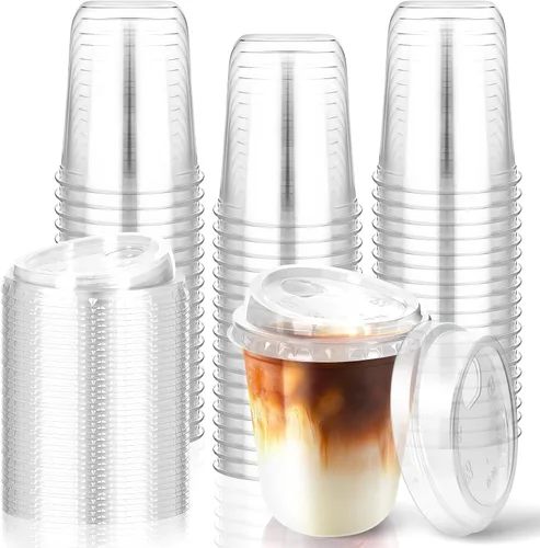 Miniatura 9 de 50 piezas de vasos de plástico para café con tapas con asa, vasos desechables de plástico PET transparente con tapas sin pajita para café helado