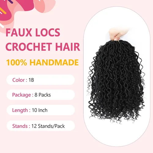 Miniatura 5 de 8 Paquetes de Rastas Falsas Bohemias de Ganchillo de 10 Pulgadas, Rastas Suaves de Ganchillo con Extremos Rizados Pre-enrolladas Goddess Locs, 1b#