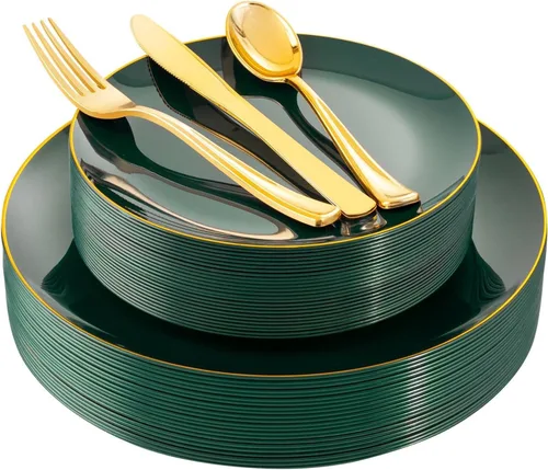 Miniatura 19 de YOUBET 125 piezas de platos de plástico negros y dorados - Platos desechables negros con borde dorado - Incluye 25 platos de cena, 25 platos