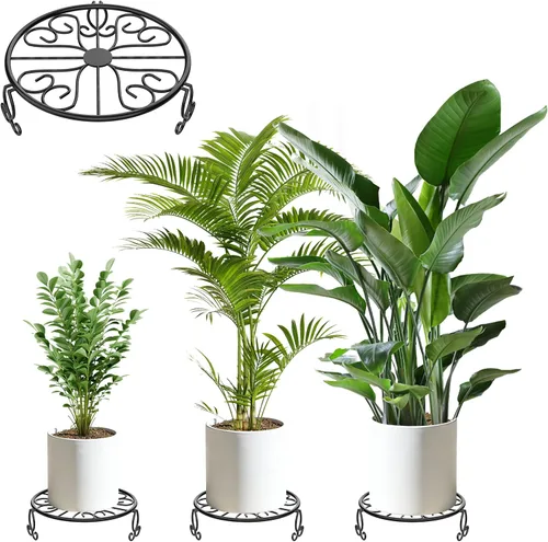 Paquete de 3 soportes para plantas de hierro forjado para uso en exteriores e interiores, soporte de metal resistente a la corrosión, base negra
