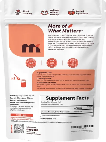 Miniatura 7 de Polvo de Creatina Monohidrato 1 kg (2.2 Lbs), 5000mg Por Porción, Polvo de Creatina Micronizado, Sin Sabor, Puro, Sin Relleno, Apto para Keto