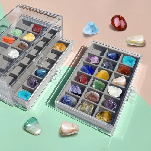 Miniatura 6 de Estuche de exhibición de rocas, caja de colección de rocas para niños y adultos Estante de exhibición de cristales, organizador y estuche