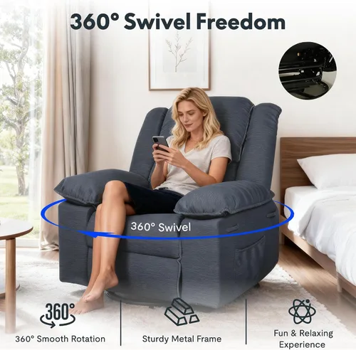 Miniatura 3 de Softa Silla reclinable giratoria para adultos con masaje y calor, sillón reclinable manual giratorio de 360° con bolsillo lateral, silla reclinable
