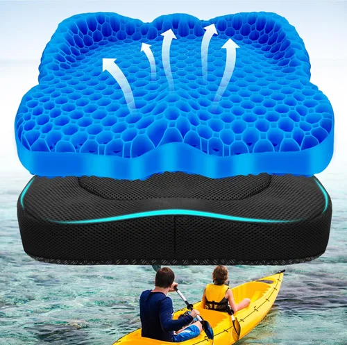 NEW-Vi Cojín antideslizante para asiento de kayak, cojín de gel doble grueso, cojín de asiento de gel impermeable para kayak, alivio del dolor de