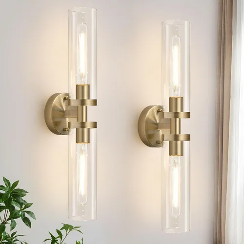 Juego de 2 apliques de pared de latón con cable para baño, iluminación de pared con vidrio transparente, apliques modernos para decoración de pared,