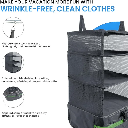 Miniatura 8 de Grand Fusion Stow-N-Go Organizador de equipaje de viaje Estantes de viaje colgantes portátiles, organizador de armario de mano, cubos de embalaje
