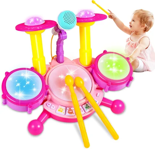 Miniatura 15 de Juego de batería para niños pequeños de 1 a 3 años, batería para bebés de 1 año con micrófono con luz, juguetes de batería para niños pequeños de 1