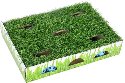 Catstages Caja de Caza con Parche de Hierba - Juguete Interactivo para Gatos de Interior con Césped Sintético y 3 Bolas de Cascabel - Fomenta el