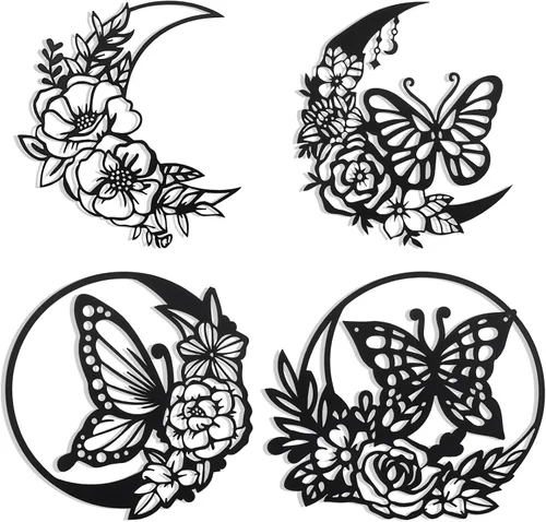 Photect 4 piezas de decoración de pared de metal de mariposa, decoración de pared de mariposas, fases lunares, hojas de flores, arte floral,