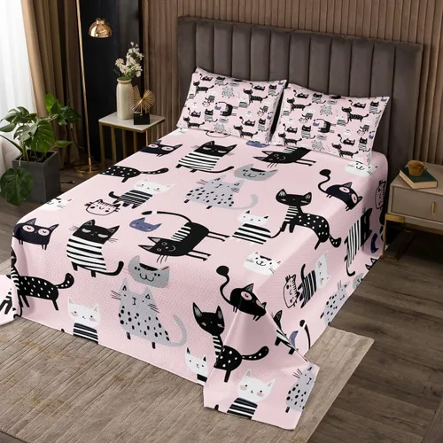 Miniatura 13 de Erosebridal Juego de colcha de gato rosa, tamaño individual para niñas, gris y negro, juego de ropa de cama para niños y niños, lindo juego