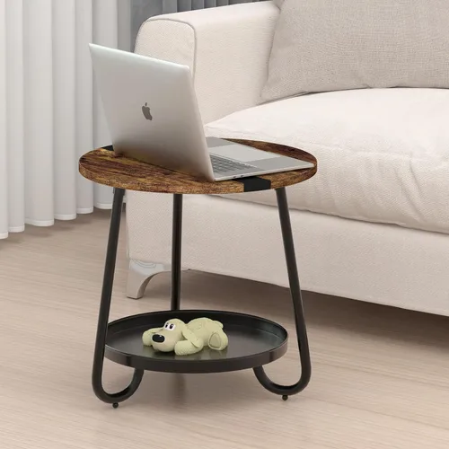 Miniatura 2 de Mesa auxiliar de 2 niveles para sala de estar, mesa de centro redonda de estilo industrial con bandeja de metal, mesa de centro pequeña de madera