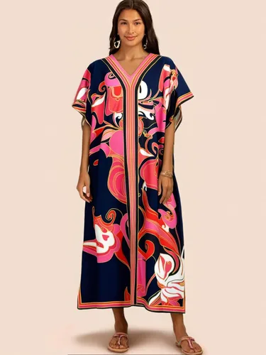Miniatura 5 de Cashew Flower Silk Caftan Women Vneck beach Cover up Caftans Loose Plus Size Floral Print Side Split Kaftan Dresses