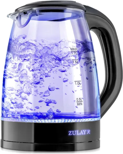 Zulay - Hervidor eléctrico de vidrio de 1,7 L con luz LED azul, hervidor de agua caliente de vidrio de borosilicato, caldera de agua eléctrica de