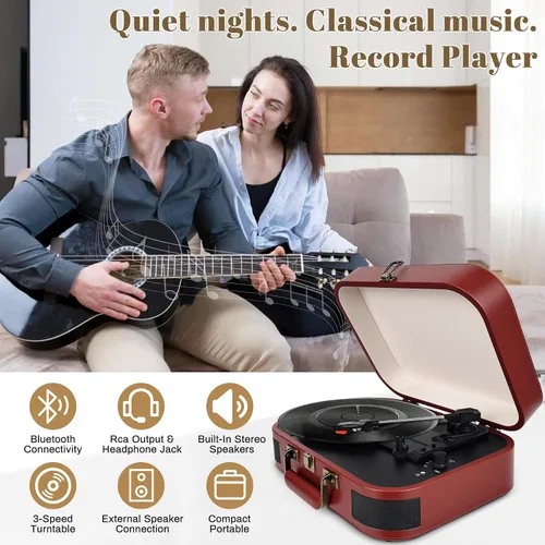 Miniatura 6 de Tocadiscos Vintage Suitcase, tocadiscos portátil Bluetooth de 3 velocidades con altavoces integrados, para discos de vinilo de 7/10/12 pulgadas