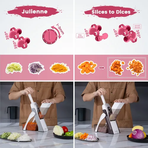 Miniatura 4 de SupMaKin rebanador de mandolina seguro para cocina, cortador de verduras, papas fritas, rebanador de grosor ajustable manual, artefacto de corte Rojo
