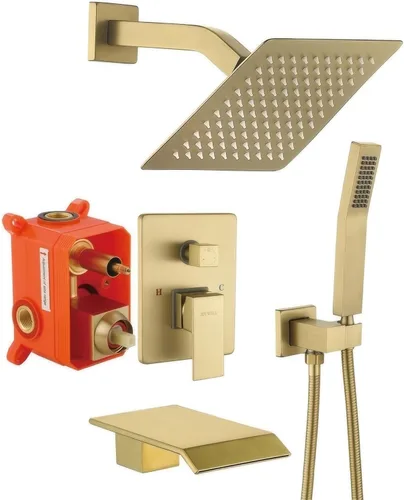 Miniatura 9 de JOYWELL - Grifo de ducha dorado cepillado, cabezal de ducha de 8 pulgadas Accesorios de ducha de equilibrio de presión de 2 funciones,Pulverizador