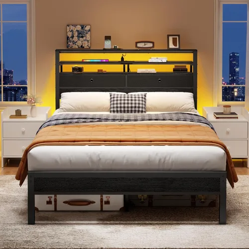 Miniatura 8 de Furnulem Full Size Bed Frame with Headboard, 3-Tier Storage Shelves & 2 Fabric Drawers, Built-in Charging Station & RGB LED Lights, Metal Slat