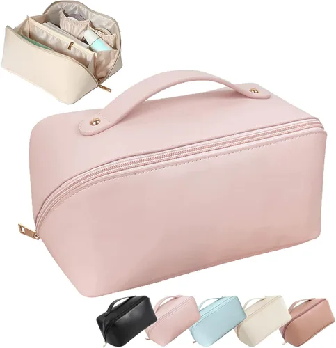 Miniatura 2 de Bolsa de cosméticos de viaje de gran capacidad con asa y divisor - Bolsa de maquillaje multifuncional para un fácil acceso, impermeable, Luz marrón.