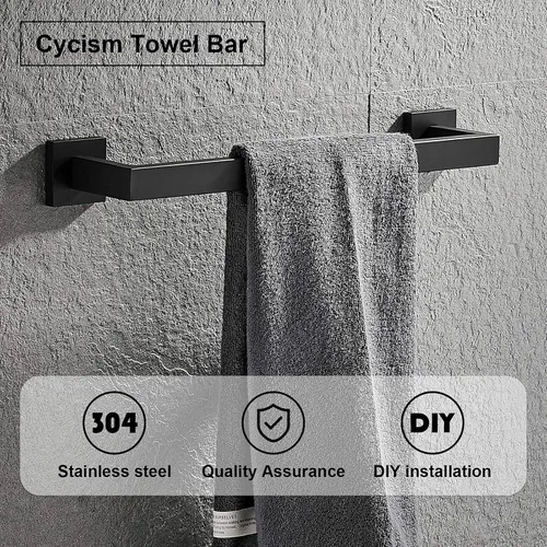 Miniatura 2 de Juego de accesorios de baño, barra de toalla negra mate, estilo cuadrado montado en la pared SUS304 juego de accesorios de acero inoxidable