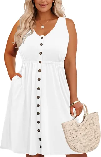 Miniatura 84 de Holipick Vestidos de verano para mujer, talla grande, casual, con bolsillos, acampanado, con botones, sin mangas, cuello en V