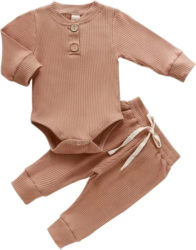 Ropa de punto acanalado de algodón para bebés, niñas y niños, recién nacidos enterizo de manga larga, pantalones largos unicolor, atuendos de otoño