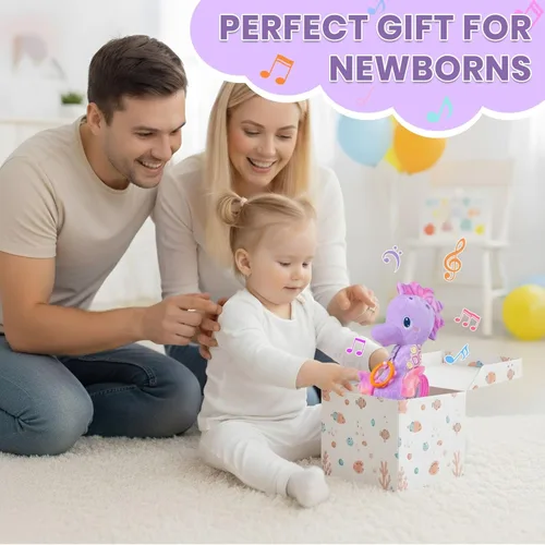 Miniatura 6 de Juguetes para bebés de 0 a 6 meses, animales de peluche musicales para bebés con colores brillantes, juguetes sensoriales de caballito de mar