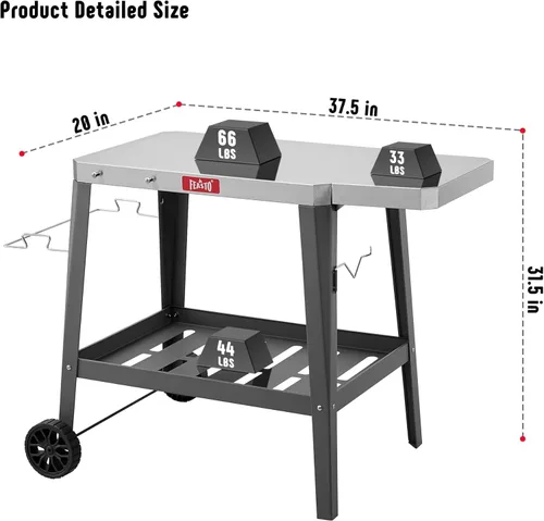 Miniatura 3 de Feasto Carro de Parrilla al Aire Libre, Mesa con Horno de Pizza con Ruedas, Encimera de Acero Inoxidable con Mesa Extensible Plegable, Carro de Negro