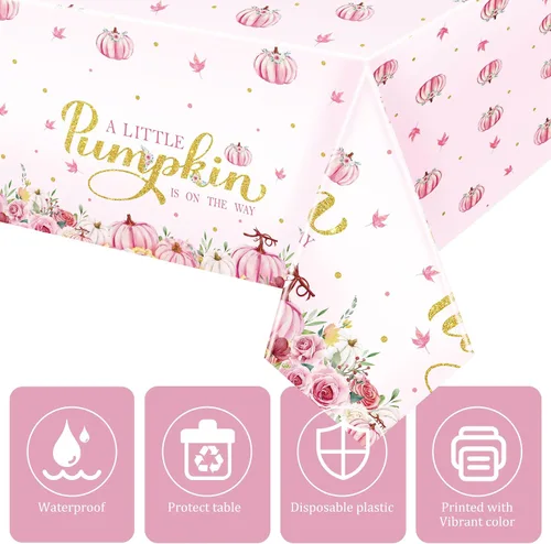 Miniatura 3 de WovWeave 3 manteles de plástico con diseño de calabaza rosa con texto en inglés "A Little Pumpkin is On the Way