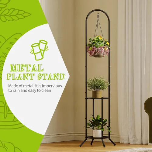 Miniatura 6 de BMOSU Soporte para plantas con ganchos para interiores y exteriores, soporte alto de metal resistente de 3 niveles para plantas, para patio, jardín
