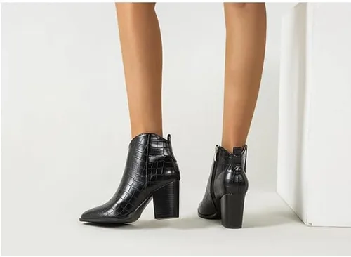 Miniatura 3 de Purubylley Botines de tacón grueso con cremallera lateral y puntera puntiaguda para mujer, botines occidentales con estampado de cocodrilo de charol