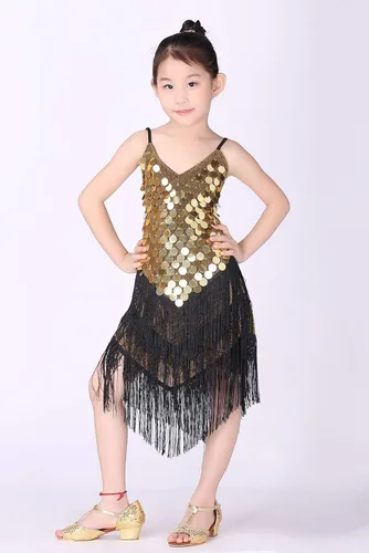 Miniatura 3 de Happy Cherry Vestido de lentejuelas con borlas para niña, falda de baile latino, disfraz brillante para niños, ballet, tango, rumba, ropa de baile