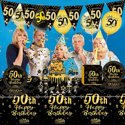 Miniatura 6 de Suministros de decoración de fiesta de cumpleaños número 50 para hombres y mujeres, incluye 16 platos, 20 servilletas, 1 mantel, 1 pancarta, 16