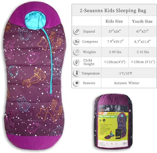 Miniatura 3 de AceCamp Saco de dormir para mamá que brilla en la oscuridad para niños y jóvenes, clasificación de temperatura de 30 °F, -33.8 °F, resistente al