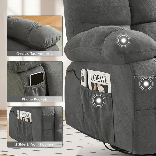 Miniatura 6 de Grey 360° Massage Swivel Recliner Chair with Vibration Massage and Lumbar Heating for Adults, Oversized Rocking Recliner Chair with Side Pocket and