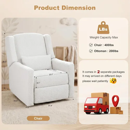 Miniatura 2 de Power Nursery Rocking Chairs Set of 2, Skin-Friendly Teddy Fabric Nursery Recliner Chair Swivel Gilder, Power Nursing Chair for Adults with Waist