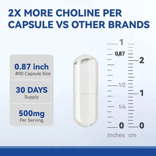 Miniatura 7 de Suplementos prenatales de colina, cápsulas líquidas para concentración, memoria y energía, 500 mg de VitaCholina pura, apoya el desarrollo cognitivo