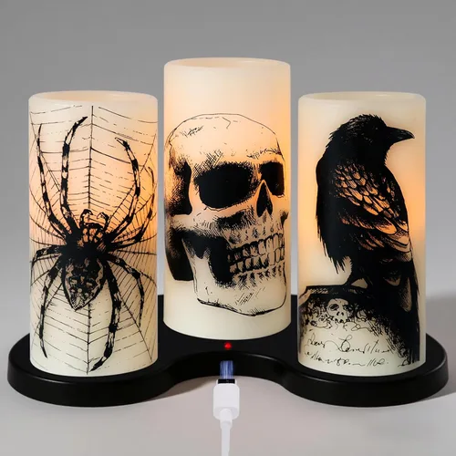 Miniatura 17 de Eldnacele Velas LED sin llama parpadeantes de Halloween, funcionan con pilas, con temporizador de 6H, calcomanías de calavera, telaraña, cuervo