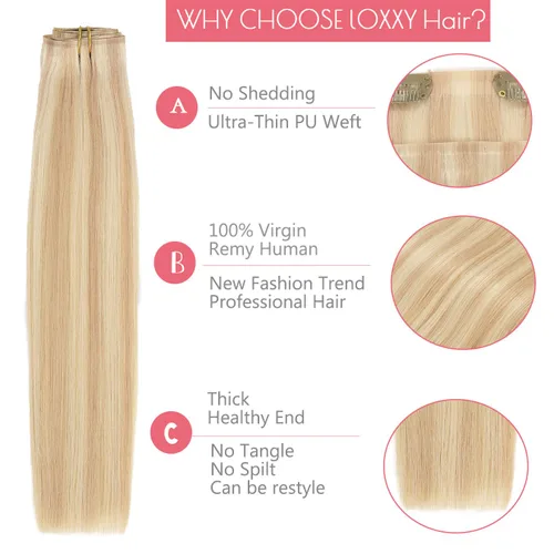 Miniatura 6 de Loxxy - Extensiones de cabello humano de 20 pulgadas, 7 piezas, 110 grms., cinta de poliuretano, sin costuras, 100 % real, Remy natural, piano