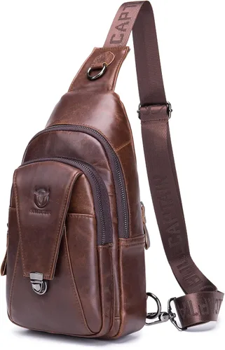 BULLCAPTAIN Mochila cruzada de cuero genuino para hombre, mochila de senderismo al aire libre, bolsa de pecho de viaje