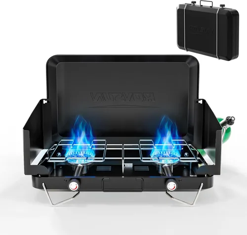 ROVSUN 20000 BTU Propane Camping Stove with Adapter, 2 Burner Tabletop Portable Propane Camp Stove with Built-in Handle & Foldable Wind Panel for