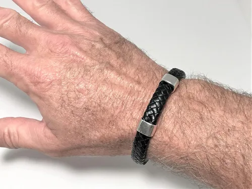 Miniatura 8 de Black Braided Leather and Silver Bracelet with Magnetic Clasp for Men and Women