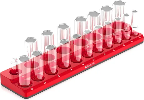 Olsa Tools Portadados magnético, para dados métricos con cuadros de mando de 1/2 pulgada, color rojo, caben 19 dados, organizador de herramientas
