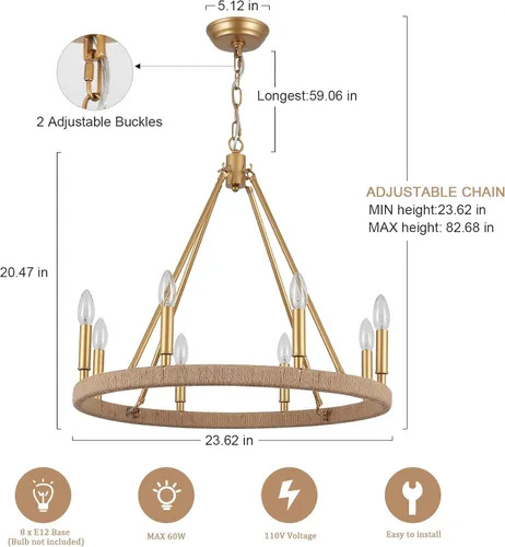 Miniatura 2 de Candelabro dorado de 24 pulgadas, 8 luces doradas para comedor, lámpara colgante redonda rústica para sala de estar, vestíbulo, entrada, techo alto
