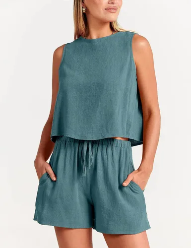 Miniatura 2 de GIVENUAN - Conjunto de 2 piezas de verano para mujer, conjunto de pantalones cortos de lino con cuello redondo, camiseta corta sin mangas