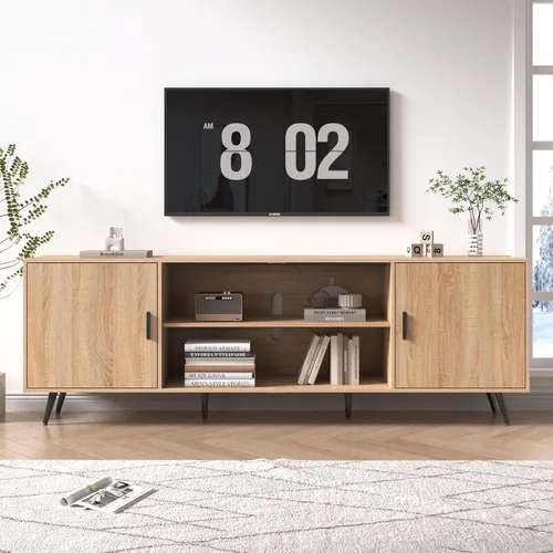 Miniatura 10 de Soporte de TV moderno de mediados de siglo, 70 pulgadas para TV de 75 pulgadas, madera con almacenamiento, centro de entretenimiento para sala