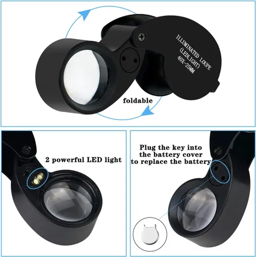 Miniatura 3 de Lupa de aumento 40X para joyería, lente de cristal plegable + lupa LED de lazo de aumento de metal completo (negro)